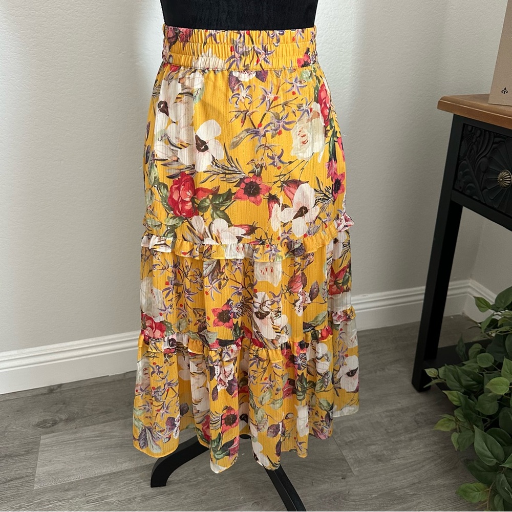 INC International Concepts Yellow Floral Maxi Skirt Size Medium, Lined